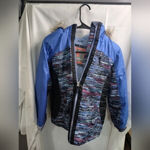 Free Country Blue Multicolor Patterned Ski Jacket with Faux Fur Trim